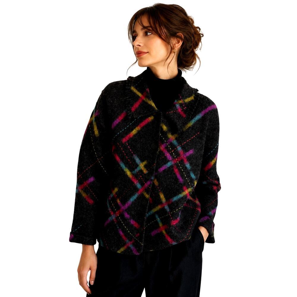 VTG Talbots Petites M 100% Wool Sweater Jacket Abstract Plaid Artsy Boho